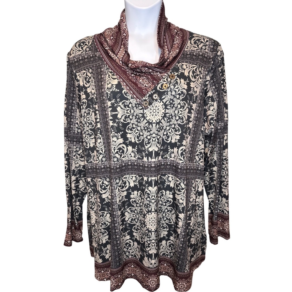 Azalea by Firmiana Womens Black Brown Damask Print Tunic Top Sz 3XL Boho Mandala